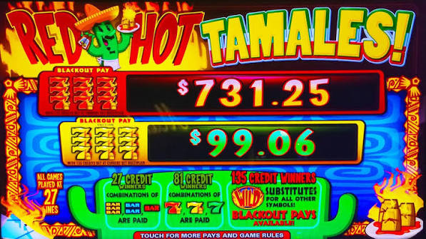 Red Hot Tamales game artwork featuring the colorful title, jackpot amounts, and game pay information